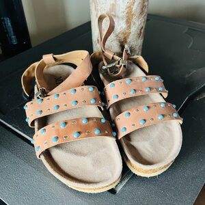 Myra Bag Tan Turquoise Leather Sandals with Blue Studs Size 8